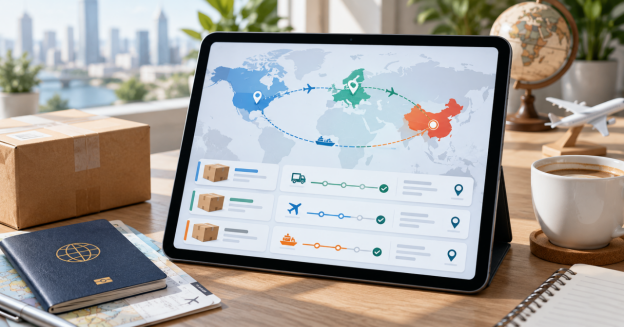 A tablet showing shipping routes between China, Europe, and America
