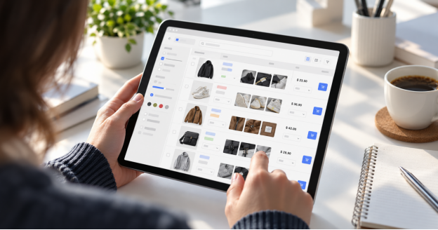 A shopper using a Kakobuy spreadsheet on a tablet
